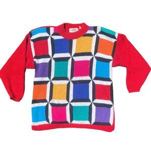 Vintage early 90s graphics oversized red base square checkered print sweater